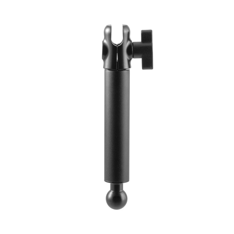 The 6.5” Extension Pole - 20mm Compatible is a black metal extension arm with a bottom ball joint and top tightening knob, designed for secure attachment of accessories or devices in heavy-duty mounting systems.
