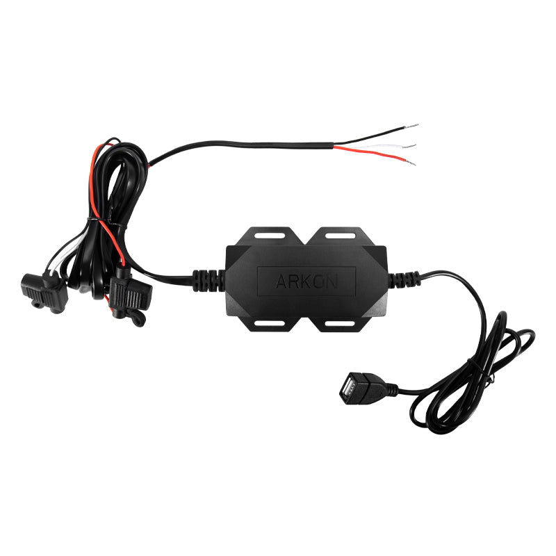 The Quick Charge Hardwire Vehicle Power Adapter with In-Line Fuse has exposed red and black wires, a USB connector, and an in-line rectangular box—ideal for fleet trucks needing fast charging.