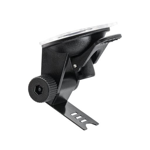 The Radar Detector Mount for Windshield features black plastic and metal construction, an adjustable knob, and a clear suction cup for secure attachment to flat surfaces. Compatible with Rocky Mountain Phantom-T radar detectors.