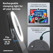 The Rechargeable Clip-On LED Ring Light attaches to phones, tablets, and laptops up to 0.59 thick, offering over 45 minutes of use per charge—ideal for makeup lighting or video calls.