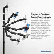 A 360° adjustable arm on the Remarkable Creator™ Pro Mount holds a phone and camera, showing multiple viewing angles for versatile content capture. Arkon Mounts logo appears in the corner.