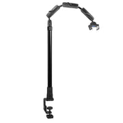 The Remarkable Creator™ Pro Stand with Clamp Base is a black adjustable stand with multiple joints and a sturdy clamp, ideal as an overhead phone or creator mount. Its secure holder ensures stable, hands-free use for your device.