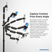 The Remarkable Creator™ Pro+Plus Clamp Mount with Teal Extension Pole securely holds your smartphone, rotates 360°, and offers versatile, professional setup options for capturing content from multiple angles.