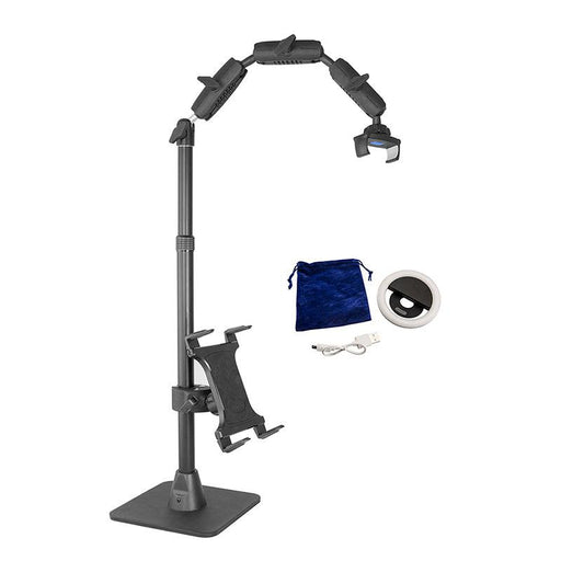 The Remarkable Creator™ Pro+Plus Mount w/Ring Light includes a black adjustable tablet stand, tablet holder, ring light, USB charging cable, and blue drawstring pouch—ideal for content creation—shown on a white background.
