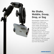 A sturdy phone mount secures a smartphone in landscape orientation. Text on the right promotes the Remarkable Creator™ Pro+Plus Mount w/Ring Light, highlighting its stability and control for content creation and pro video recording.