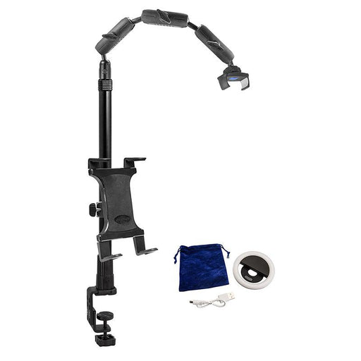 The Remarkable Creator™ Pro+Plus with Clamp Mount is a black adjustable overhead phone and camera mount with a flexible arm and phone grip, plus a blue pouch, USB ring light, and charging cable displayed on a white background.