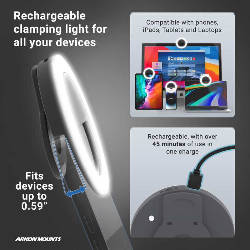 The Remarkable Creator™ Pro+Plus with Clamp Mount is shown attached to a device, highlighting its compatibility with phones, tablets, and laptops, fitting devices up to 0.59 and offering over 45 minutes of use per charge.