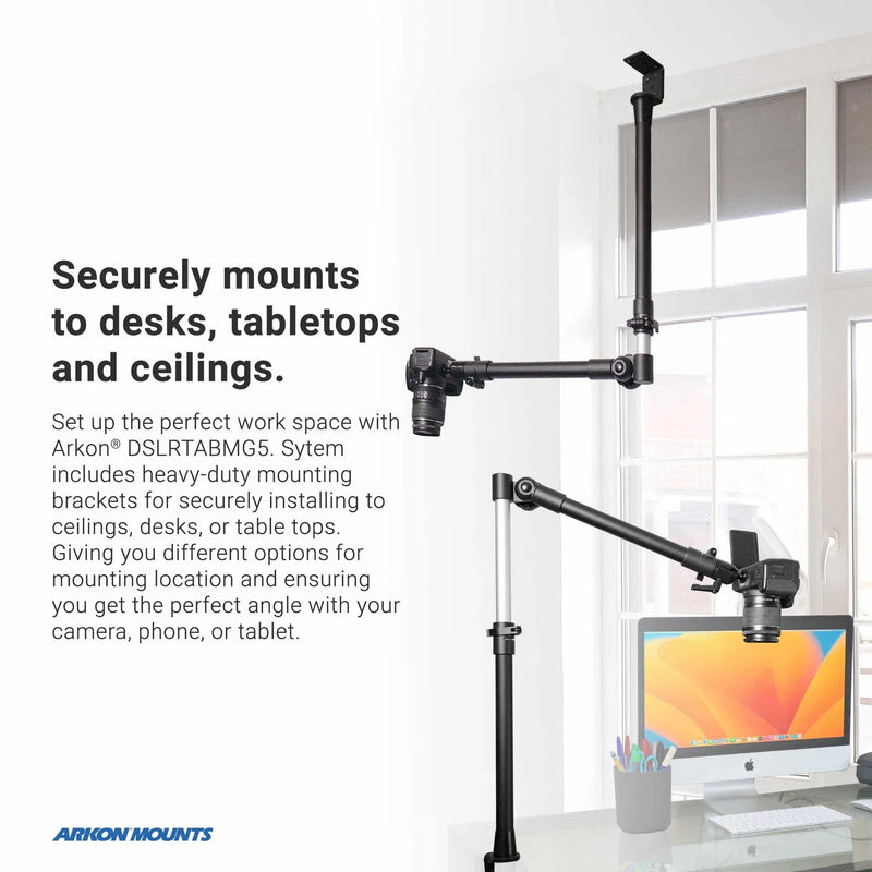 The Remarkable Creator™ Studio Mount - Overhead Camera Mount attaches to a desk and extends upward, holding a camera. A tablet on the desk displays a colorful image. Includes camera, tablet, and phone holder.