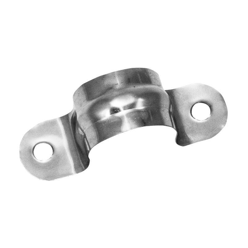 The Replacement Metal Conduit for Seat Rail Mounts is a shiny clamp with two flat, rounded ends—each with a mounting hole—and a curved center arch that fits snugly around pipes or tubes to help prevent vibration.