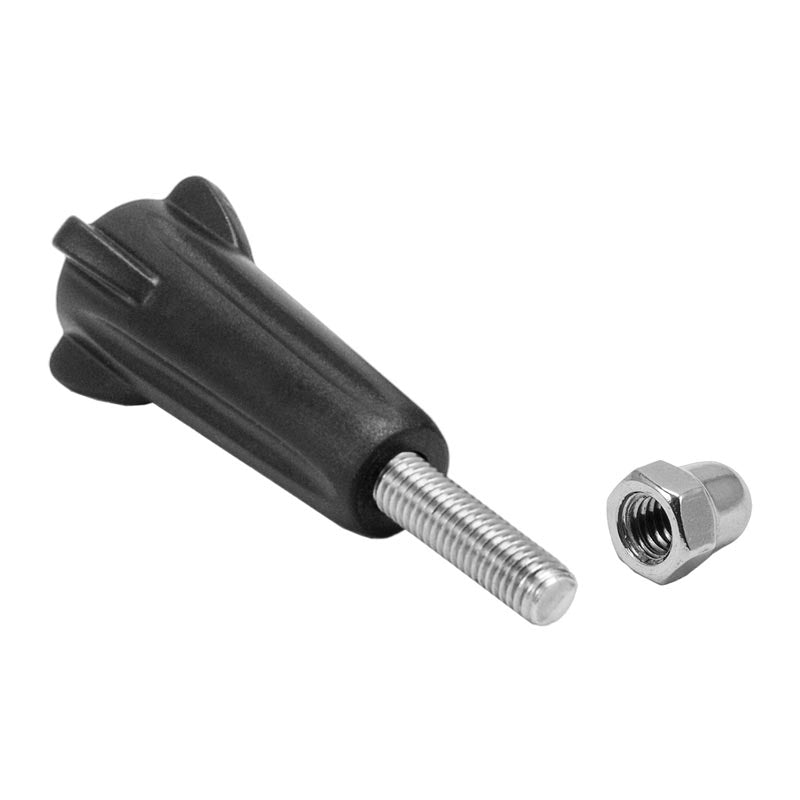 A Replacement Screw and Acorn Nut for GoPro HERO Action Camera Mounts, featuring a black plastic knob with a metal screw and separate silver nut, is displayed on a white background.
