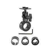 The Aluminum Motorcycle Handlebar Mount - Dual-T Compatible features a black adjustable clamp, top plate, tightening knob, Allen wrench, and three inserts—perfect for securing devices or dual-T holders on various bike setups.