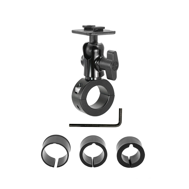 The Aluminum Motorcycle Handlebar Mount - Dual-T Compatible features a black adjustable clamp, top plate, tightening knob, Allen wrench, and three inserts—perfect for securing devices or dual-T holders on various bike setups.