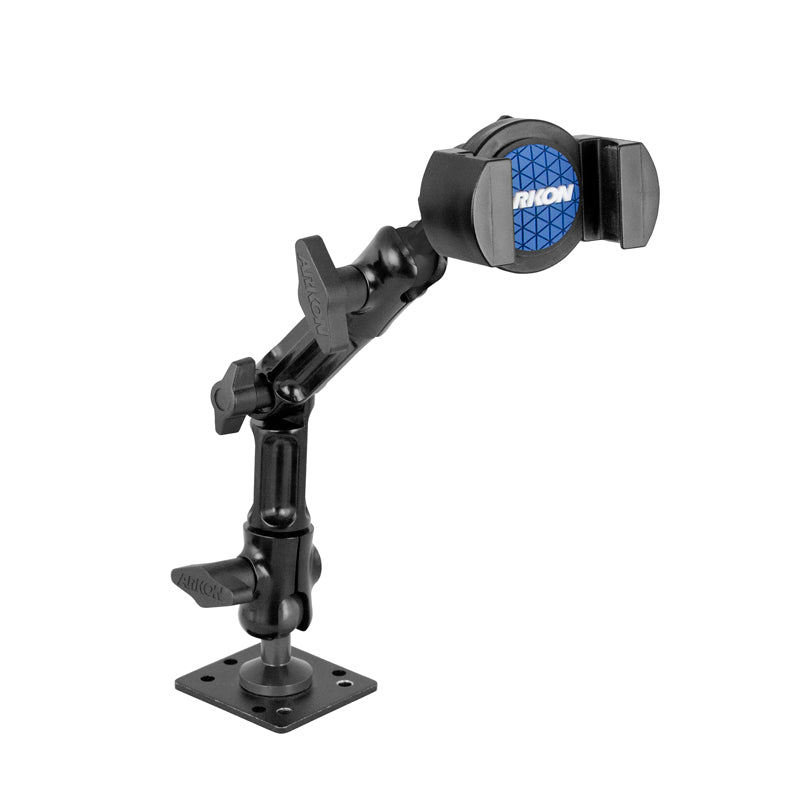 The RoadVise Heavy-Duty Multi-Angle Phone Mount features an adjustable black mounting arm with two joints, a 4-Hole AMPS base, side grips, and a blue circular center accent labeled ARCON.