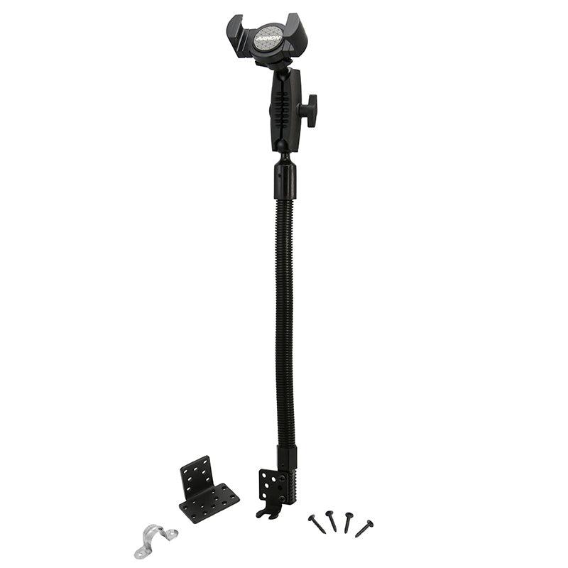 The RoadVise XL Seat Rail Car Mount for iPhone, Galaxy, and Note features a black adjustable stand with a clamp, flexible gooseneck arm, mounting bracket and extra hardware—perfect as a phone holder for car setups.