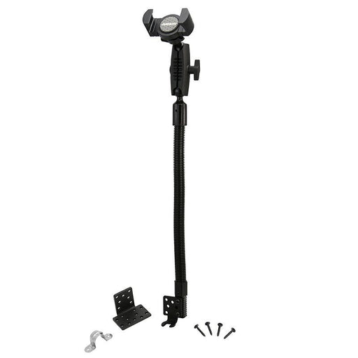 The RoadVise XL Seat Rail Car Mount for iPhone, Galaxy, and Note features a black adjustable stand with a clamp, flexible gooseneck arm, mounting bracket and extra hardware—perfect as a phone holder for car setups.