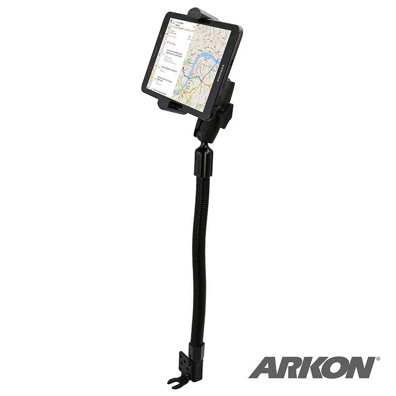 A black RoadVise XL Seat Rail Car Mount with a flexible gooseneck arm holds a tablet displaying a map, designed for vehicle installation. The Arkon logo is visible in the bottom right corner.