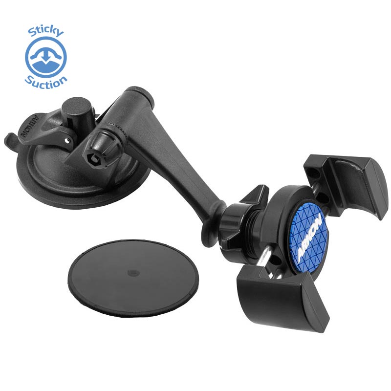 The Sticky Suction Mount with RoadVise® Phone Holder features a black suction cup, adjustable arms, and a blue logo, shown next to a round adhesive pad. Sticky Suction with a blue icon appears at the top left—ideal for windshield phone mounting.