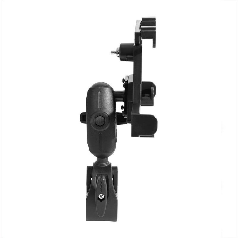 Side view of the RoadVise® Clamp Mount with LockVise™ Locking Tablet Holder and 3.5” Arm, featuring a black adjustable bracket with rotatable joint, flat mounting plate, hinges, and bolts for secure tablet attachment. Plain white background.