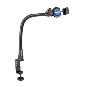 The RoadVise® Heavy-Duty Phone Clamp Mount with 22 gooseneck is a black flexible holder featuring an adjustable clamp and a screw-on desk base. The center displays ARKON on a blue patterned circle.