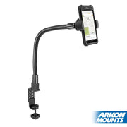 The RoadVise® Heavy-Duty Phone Clamp Mount with 22 Gooseneck features a clamp base that secures a smartphone displaying a map, with the Arkon Mounts logo visible in the lower right corner.