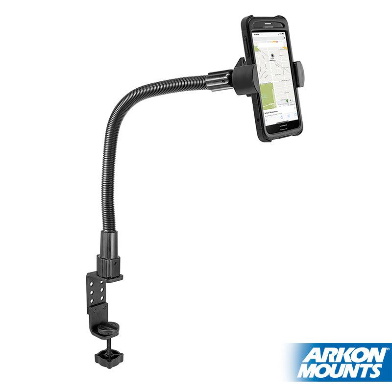 The RoadVise® Heavy-Duty Phone Clamp Mount with 22 Gooseneck features a clamp base that secures a smartphone displaying a map, with the Arkon Mounts logo visible in the lower right corner.