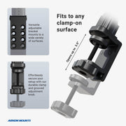 The RoadVise® Heavy-Duty Phone Clamp Mount with 22 Gooseneck features an adjustable bracket that grips table edges securely. Inset images highlight its adjustment holes and grooved clamp knob for stability. Arkon Mounts branding visible.