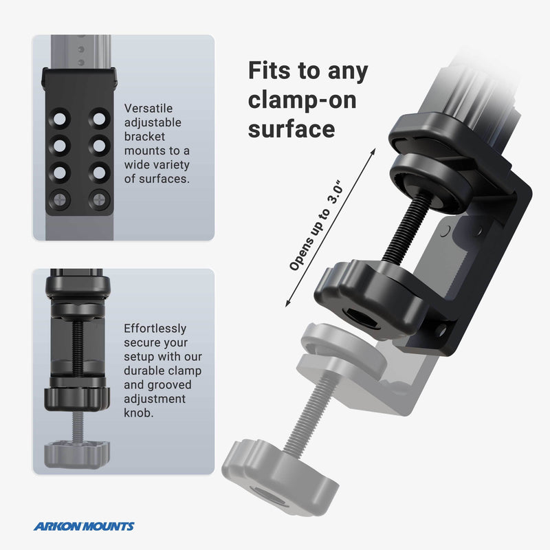 The RoadVise® Heavy-Duty Phone Clamp Mount with 22 Gooseneck features an adjustable bracket that grips table edges securely. Inset images highlight its adjustment holes and grooved clamp knob for stability. Arkon Mounts branding visible.