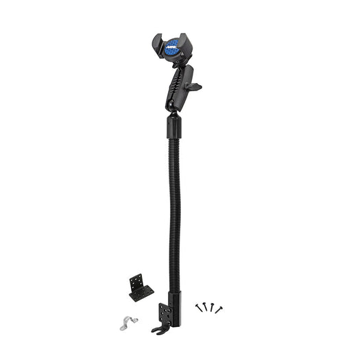 The RoadVise® Heavy-Duty Seat Rail or Floor Phone Mount features a black adjustable clamp with a flexible coiled base, mounting brackets, screws, and a hook—shown on a white background.
