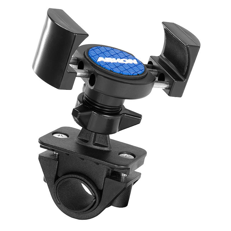 The RoadVise® Holder with Handlebar Mount is a black and blue adjustable bike phone holder with padded grips and a clamp designed to securely attach your smartphone to handlebars.