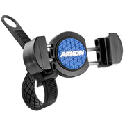 The RoadVise® Motorcycle Phone Mount with Strap is a black and blue handlebar holder featuring adjustable clamp arms and a flexible strap for attaching to bicycle or motorcycle handlebars.