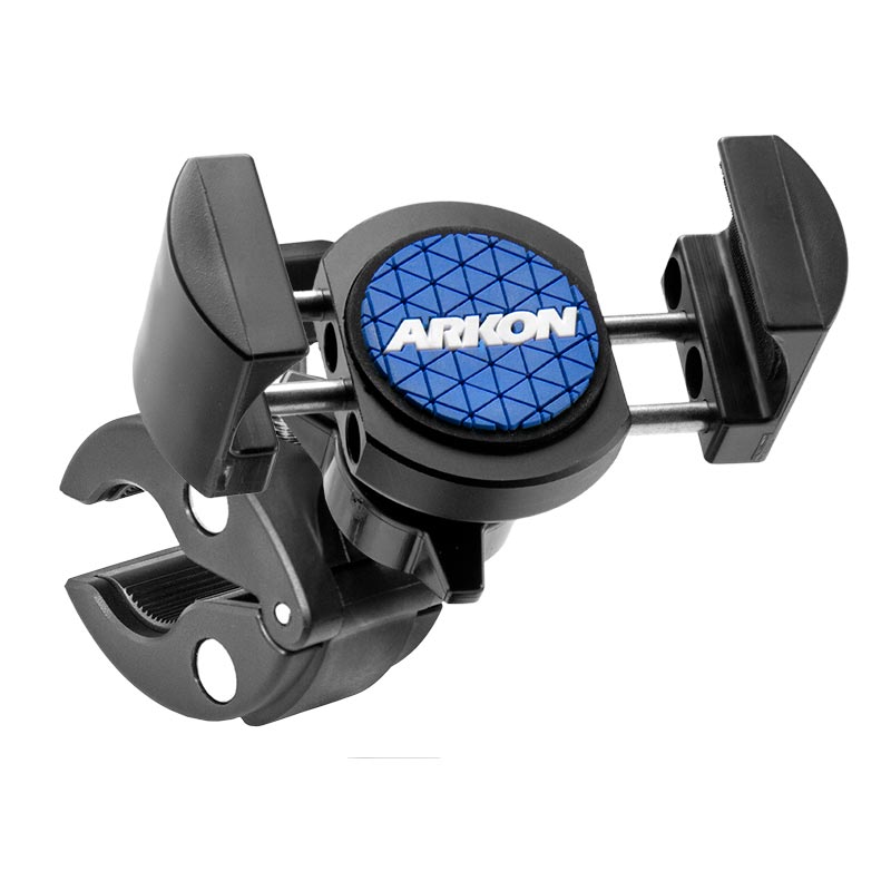 The RoadVise® Phone Clamp Post Mount securely holds iPhone, Galaxy, Note, and more, with adjustable arms and a clamp base for attachment to handlebars, gym equipment, or as a treadmill phone holder.