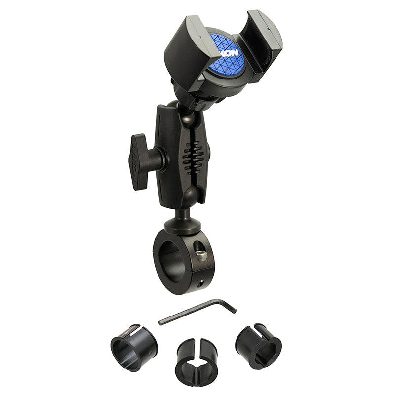 The RoadVise® Phone Holder with Aluminum Handlebar Mount and 2.75 Shaft includes an adjustable bracket, clamp, blue circular logo, Allen key, and three adapter rings—perfect for securely attaching smartphones to handlebars or tubes.