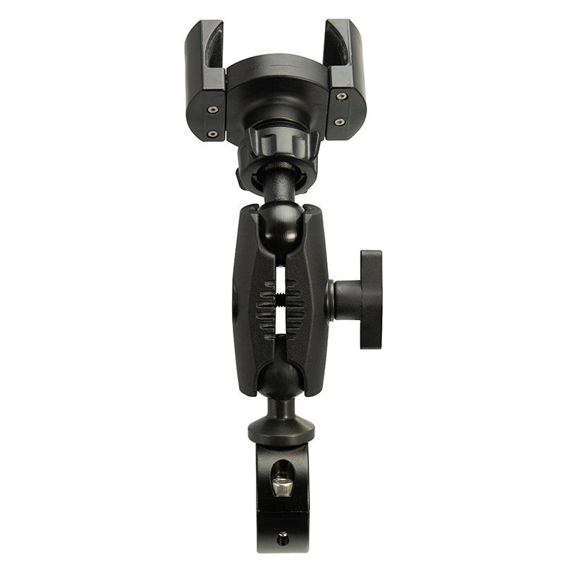 The RoadVise® Phone Holder with Aluminum Handlebar Mount and 2.75 Shaft is a black adjustable mount featuring a clamp and socket joint, designed to securely hold smartphones, cameras, or GPS units on motorcycle handlebars.