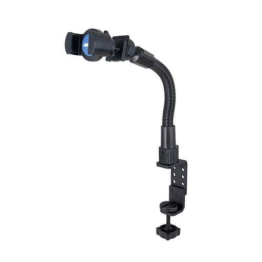 The RoadVise® Phone Holder with Clamp Mount and 12 inch Gooseneck securely mounts smartphones to a desk or table edge with its heavy-duty, adjustable clamp and flexible gooseneck design.