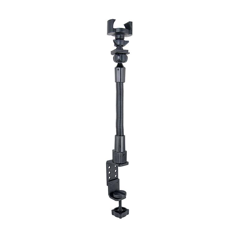 The RoadVise® Phone Holder features a heavy-duty clamp mount with a screw base and 12-inch gooseneck, designed to securely hold your phone to a desk or table edge.