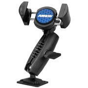 The RoadVise® Phone Holder with Drill Base and Adjustable Arm is black with a blue circular logo, featuring a pivoting arm, tightening knob, and sturdy drill base for secure positioning.