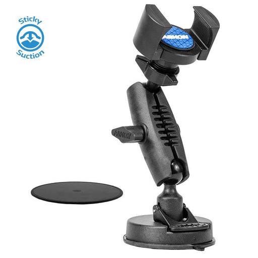 The RoadVise® Phone Holder with Sticky Suction Mount and Shaft features a black adjustable design with suction base and round adhesive pad for dashboard or windshield use. Ideal for beauty content creators; Sticky Suction logo appears in the top left corner.