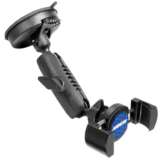 The RoadVise® Phone Holder features a black adjustable arm, suction mount base, and spring-loaded grips, with a blue circular logo at the center.