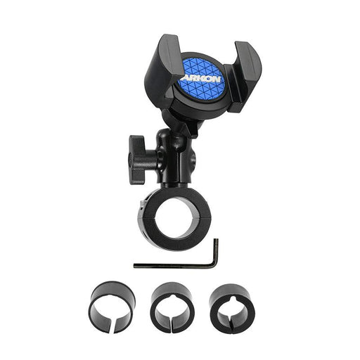 The RoadVise® Premium Aluminum Motorcycle Handlebar Phone Mount features a black handlebar mount with a blue circular logo, shown alongside an Allen key and three different-sized circular rings on a white background.