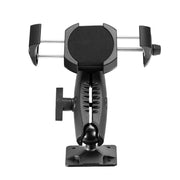 The RoadVise® Ultra 4-Hole AMPS Drill-Base Phone or Tablet Mount features padded grips, a rotating arm, and an adjustable black holder for secure device mounting to flat surfaces, shown on a white background.