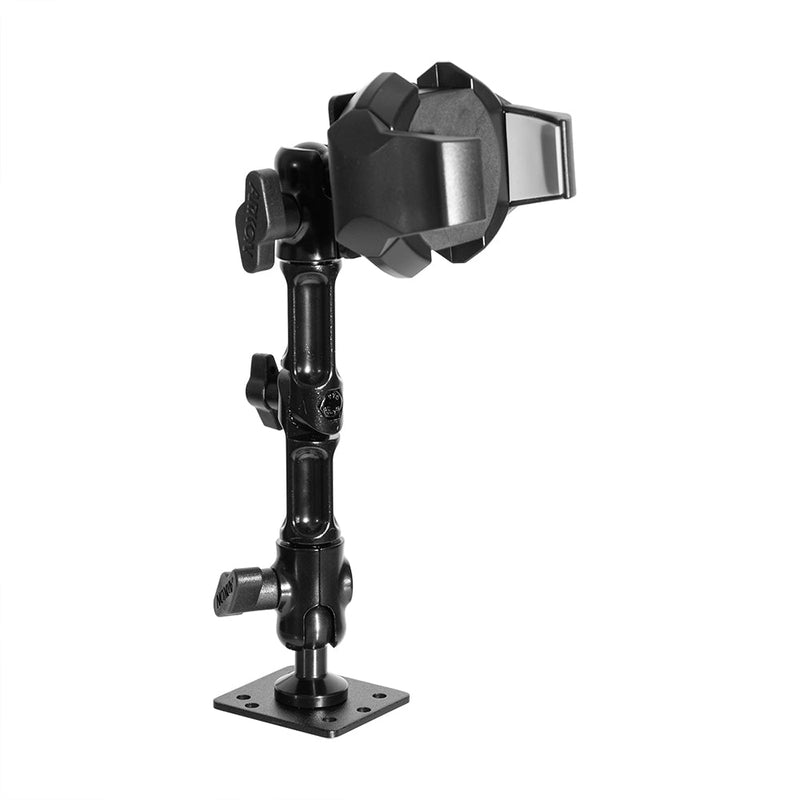 The RoadVise® Ultra Aluminum Drill Base Mount Phone Holder features an adjustable arm with multiple joints, tightening knobs, and a clamp holder, securely attached to a flat base with screws. The device is shown isolated on a white background.
