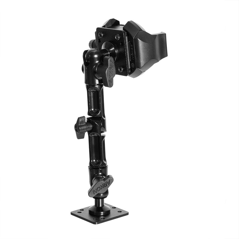 The RoadVise® Ultra Aluminum Drill Base Mount Phone Holder features a black adjustable arm with multiple joints and tightening knobs, securely holding your device on a sturdy drill base mount.