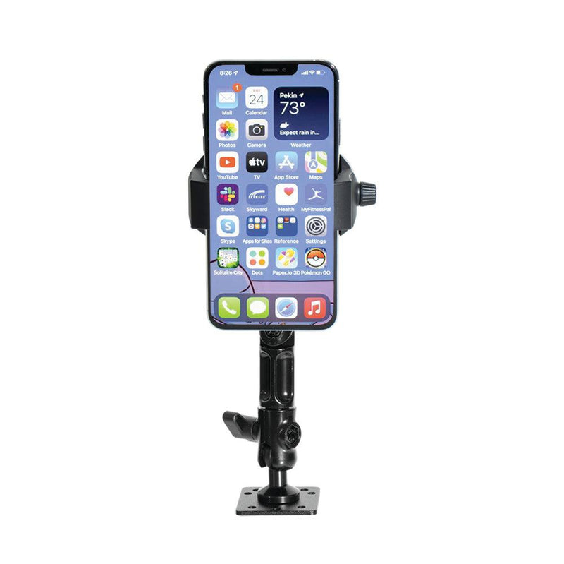 The RoadVise® Ultra Aluminum Drill Base Mount Phone Holder with Adjustable Arm securely holds a smartphone upright, displaying app icons. Its robust build provides stable support, perfect for vehicles or desks.