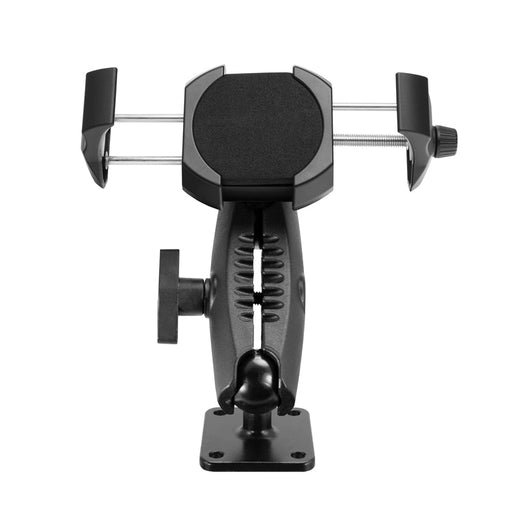 The RoadVise® Ultra Metal 4-Hole AMPS Drill-Base Mount is a black adjustable holder with padded grips and mounting base, designed to securely hold phones or tablets. It features a 4-hole AMPS mount for versatile installation.
