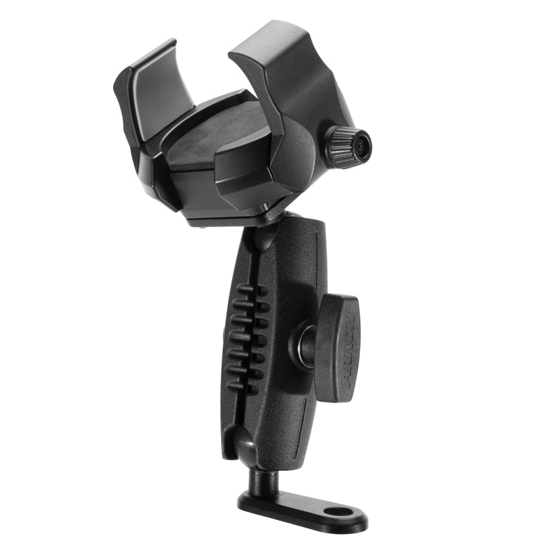 The RoadVise® Ultra Motorcycle Handlebar Mirror Pinch Bolt Stem Phone and Tablet Mount is a black, adjustable holder with a clamp and rotating arm, designed for securing phones or tools to surfaces or motorcycle handlebars using the mounting hole in its base.