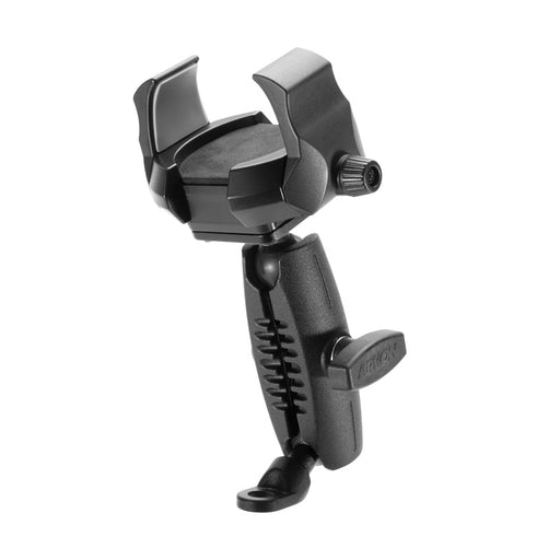 The RoadVise® Ultra Motorcycle Handlebar Mirror Pinch Bolt Stem Phone and Tablet Mount is a black, adjustable mount with a padded clamp, ridged central hinge, and side tightening knob—perfect for securely holding your device on rides.