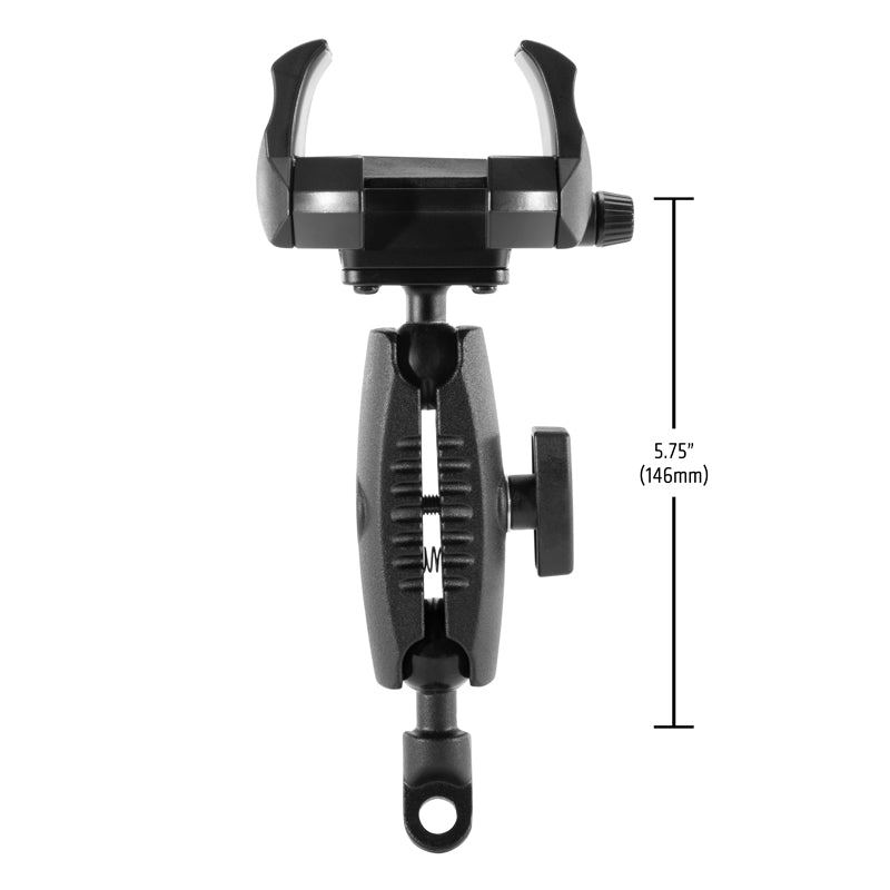 Front view of the black, adjustable RoadVise® Ultra Motorcycle Handlebar Mirror Pinch Bolt Stem Phone and Tablet Mount with a ball joint and U-shaped holder at the top; mount height is 5.75 inches (146mm).