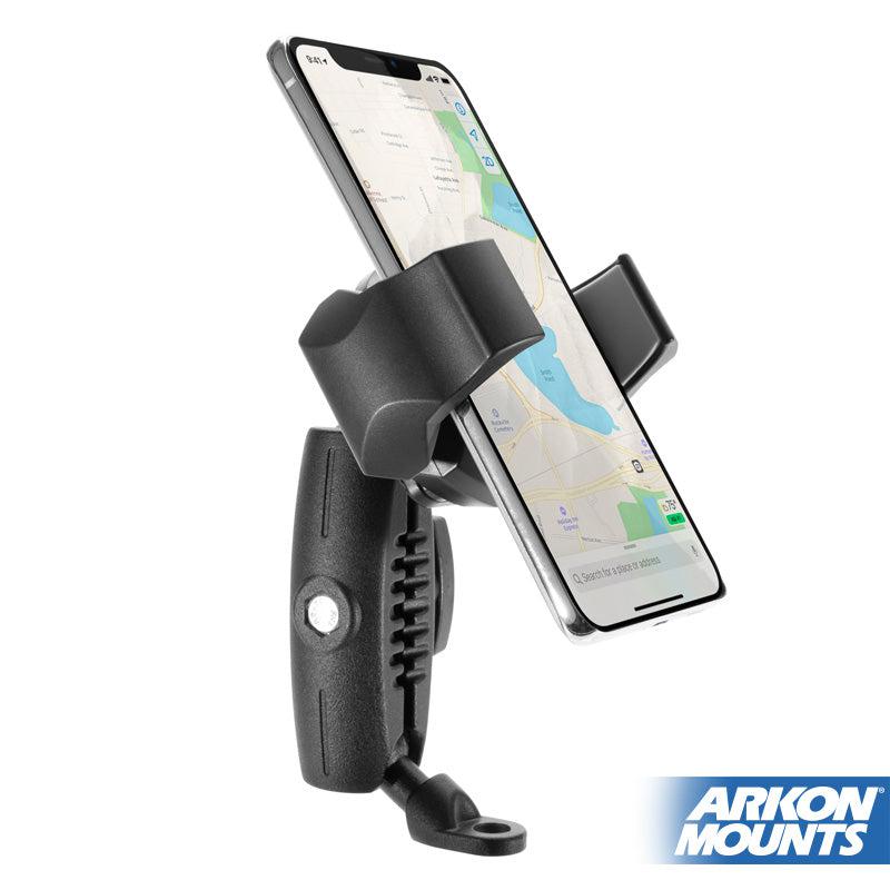 A smartphone in a black RoadVise® Ultra Motorcycle Handlebar Mirror Pinch Bolt Stem Phone and Tablet Mount displays a map app, with the “ARKON MOUNTS” logo at the bottom right on a white background.
