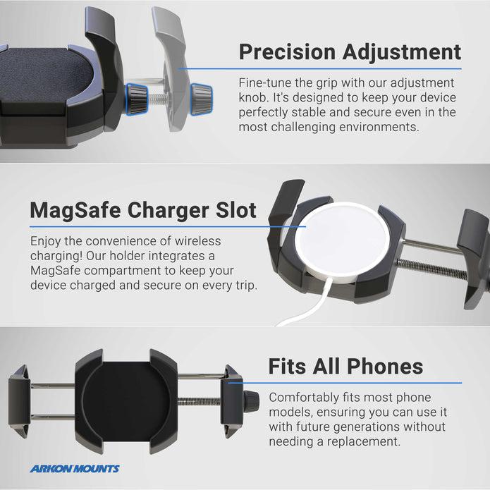 The RoadVise® Ultra Motorcycle Mount features adjustable grips, a MagSafe wireless charging slot, and wide device compatibility—shown with labeled highlights for precision adjustment, MagSafe charger slot, and broad fit.