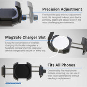The RoadVise® Ultra Motorcycle Handlebar Mirror Pinch Bolt Stem Mount features adjustable grips, a MagSafe charger slot, and precise adjustment. It supports wireless charging, fits most phones/tablets, and attaches to handlebar mirrors.